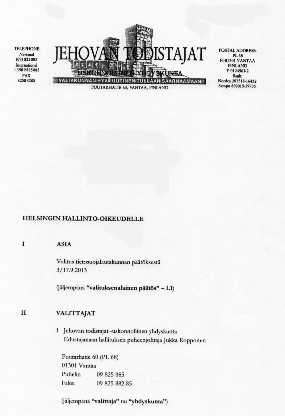 Jehovan todistajat valittivat tietosuojalautakunnan päätöksestä Helsingin hallinto-oikeuteen